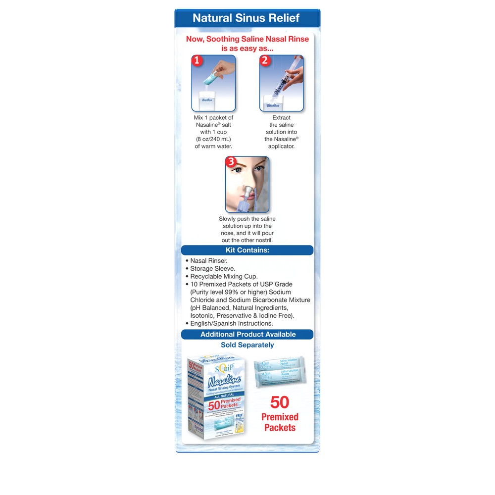 SQuiP Nasaline® Nasal Rinsing System package showing three-step saline nasal rinse instructions and kit contents