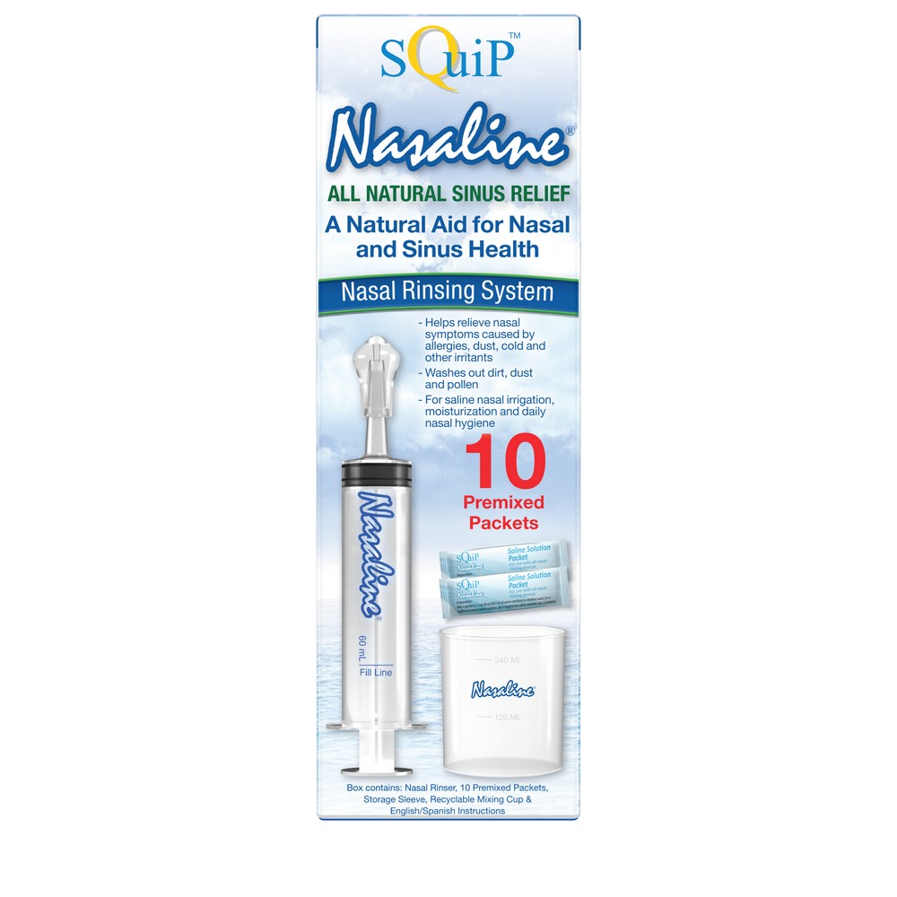 SQuiP Nasaline® Nasal Rinsing System with nasal rinser, 10 premixed saline packets and mixing cup