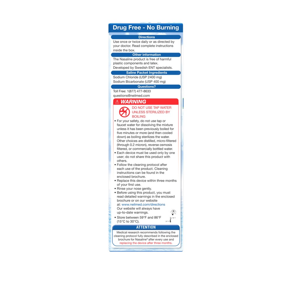 SQuiP Nasaline® Nasal Rinsing System package showing directions, saline packet ingredients and safety warnings