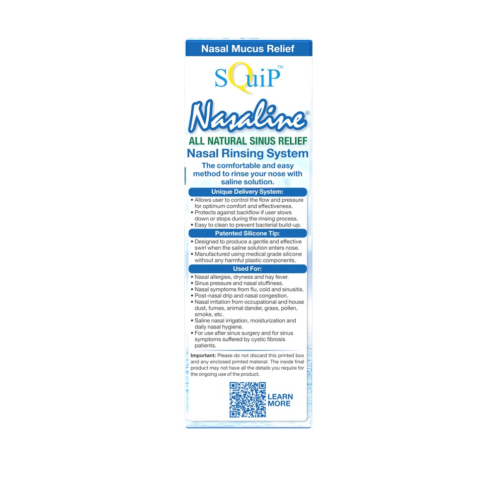 SQuiP Nasaline® Nasal Rinsing System package showing product features, uses and unique delivery system
