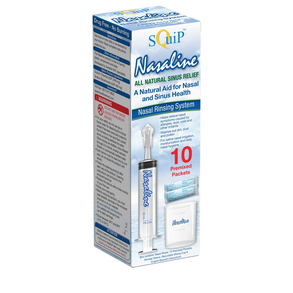SQuiP Nasaline® Nasal Rinsing System with 10 premixed saline packets and mixing cup