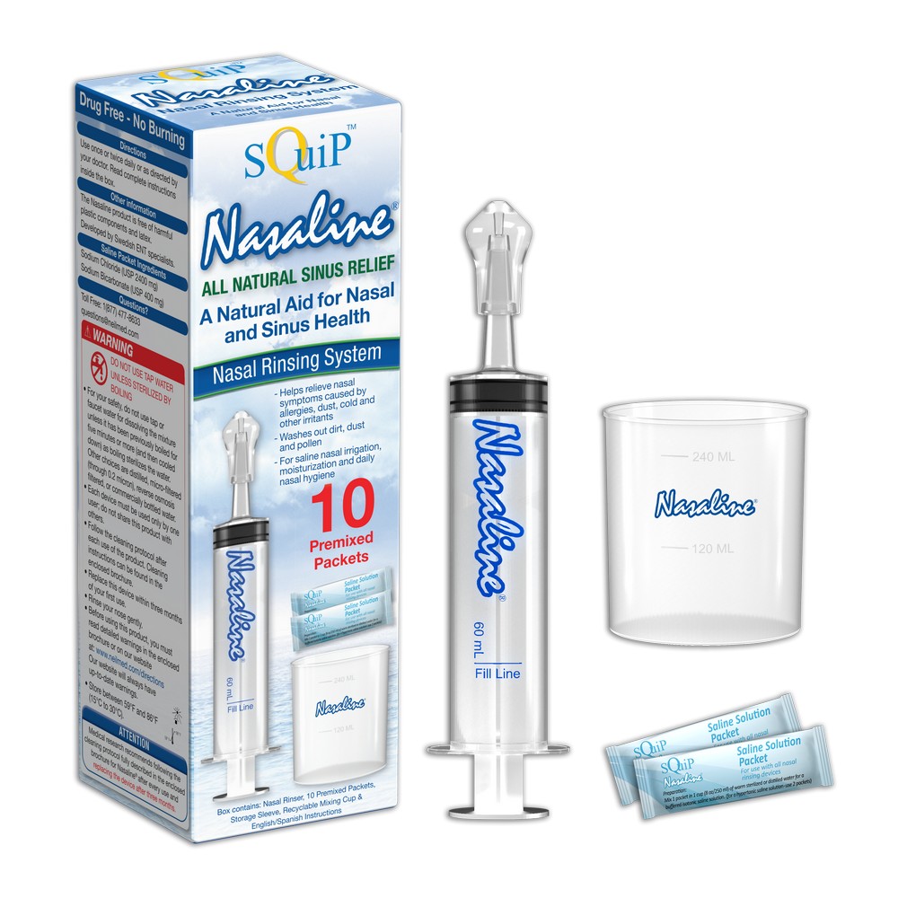 SQuiP Nasaline® Nasal Rinsing System kit with nasal rinser, mixing cup, premixed saline packets and product box